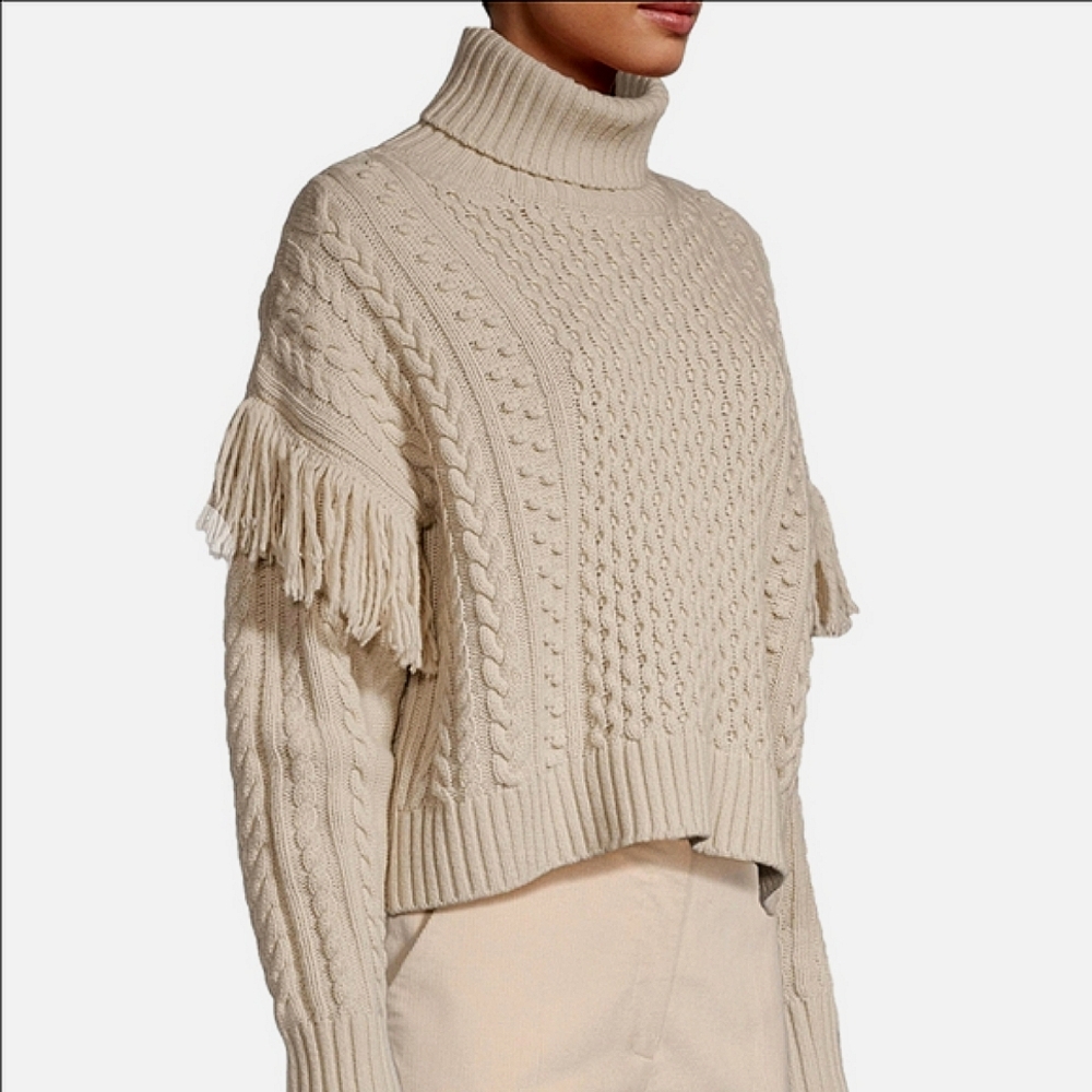 🆕 MAXMARA WEEKEND "LODOLA" BEIGE VIRGIN WOOL CABLE FRINGE TURTLENECK - Picture 5 of 12